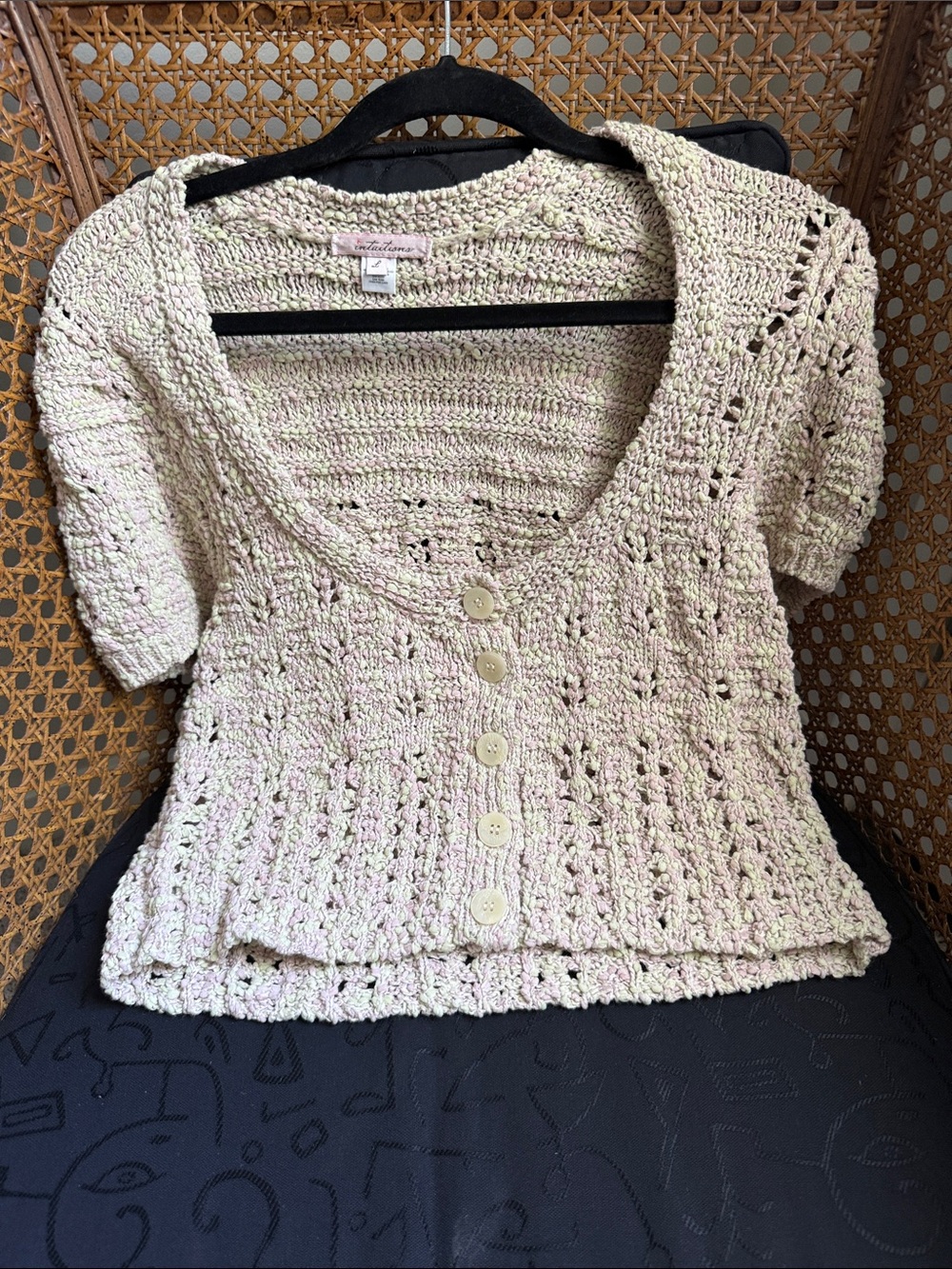 Crochet Button-Front Short Sleeve Cardigan - Cream